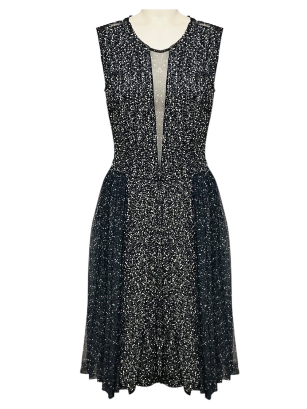 ADAM LIPPES BLACK / WHITE / BLUE / NAVY MULTI PLEATED SILK CHIFFON AND WOOL TWEE